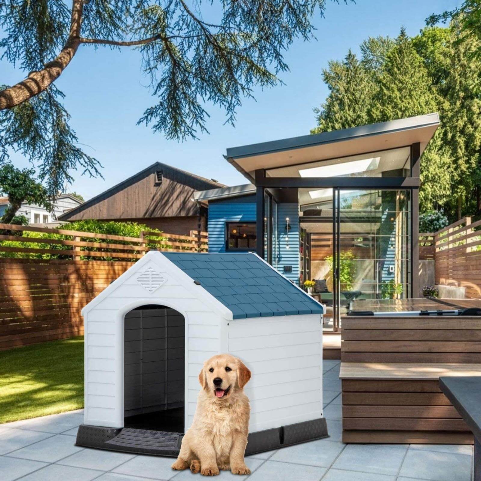 Plastic Dog House 32 inch Large Dog Houses for Small to Large Dogs， All Weather Indoor Outdoor Doghouse with Base Support for Winter Tough Durable House