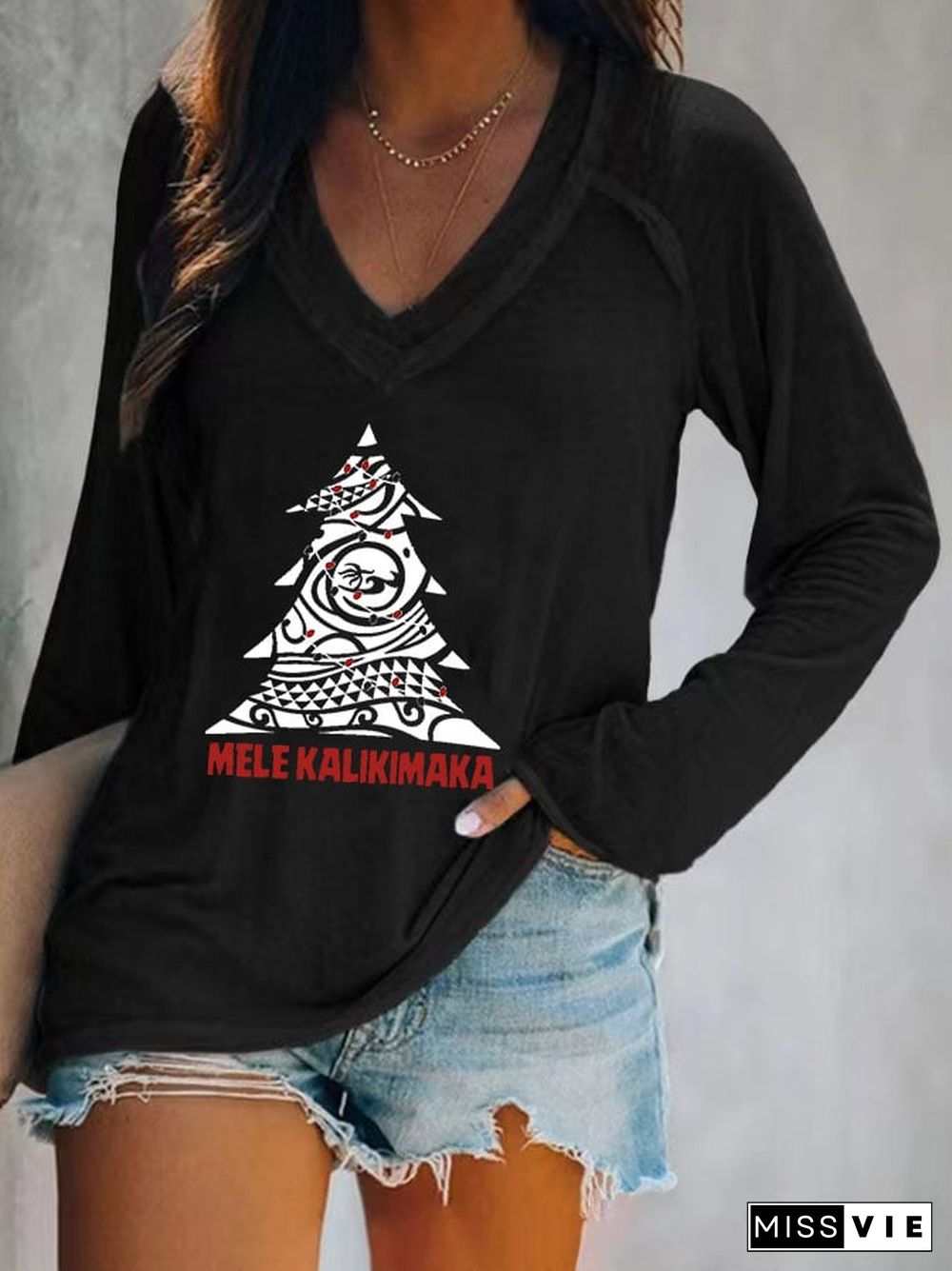 Women's Casual Mele Kalikimaka Print Long Sleeve T-Shirt