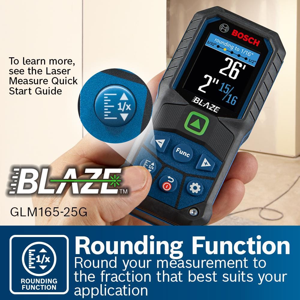 Bosch BLAZE 165 ft. Green Laser Distance Tape Measuring Tool with Color Screen and Measurement Rounding Functionality GLM165-25G