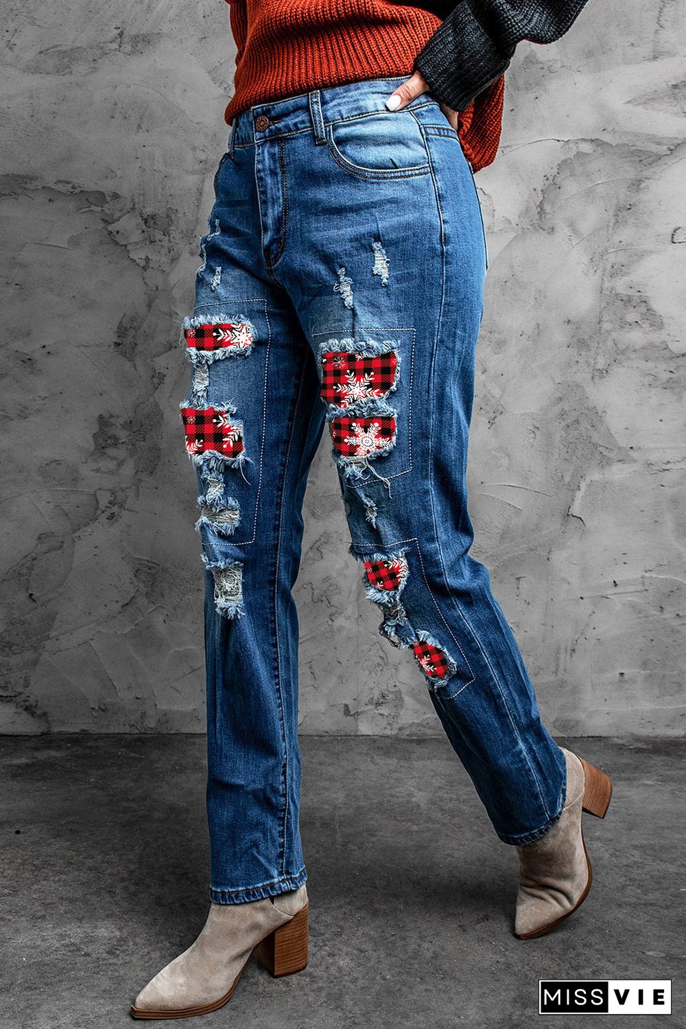 Plaid Patchwork Straight Leg Distressed Jeans