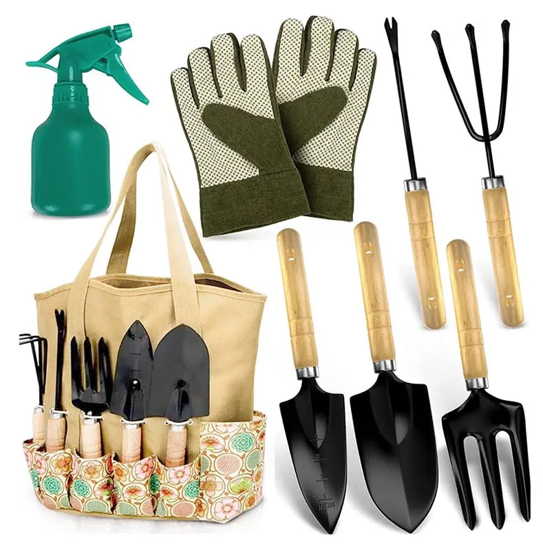 Durable Garden Tool Organizer Set with Wooden Handle and Gloves Spray Bottle