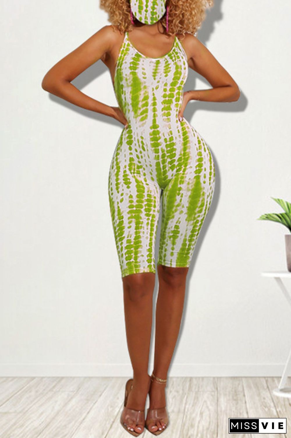 Green Sexy Print Patchwork Spaghetti Strap Skinny Rompers