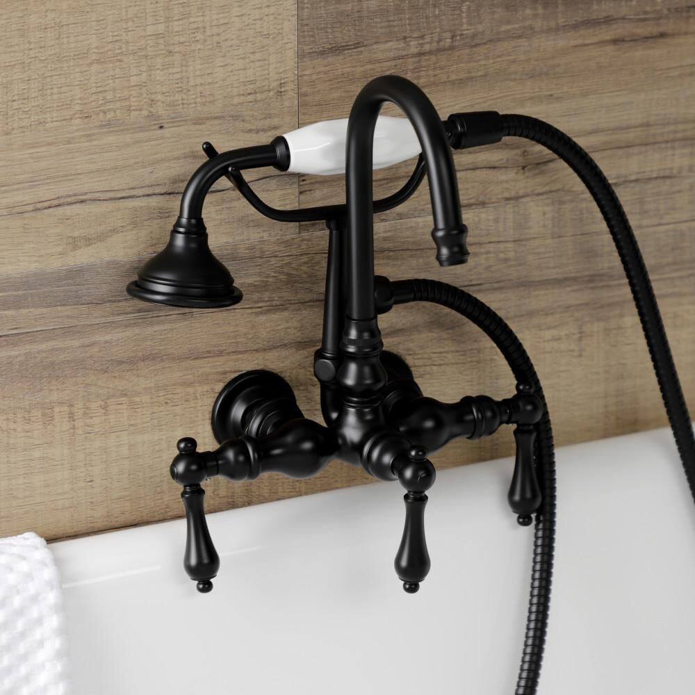 Kingston Brass Aqua Vintage 3-Handle Wall-Mount Clawfoot Tub Faucets with Hand Shower in Matte Black HAE7T0