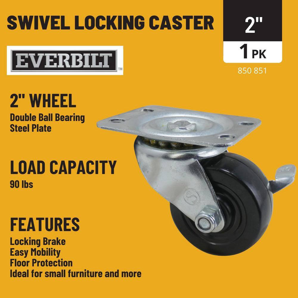 Everbilt 2 in. Black Soft Rubber and Steel Swivel Plate Caster with Locking Brake and 90 lbs. Load Rating 49509