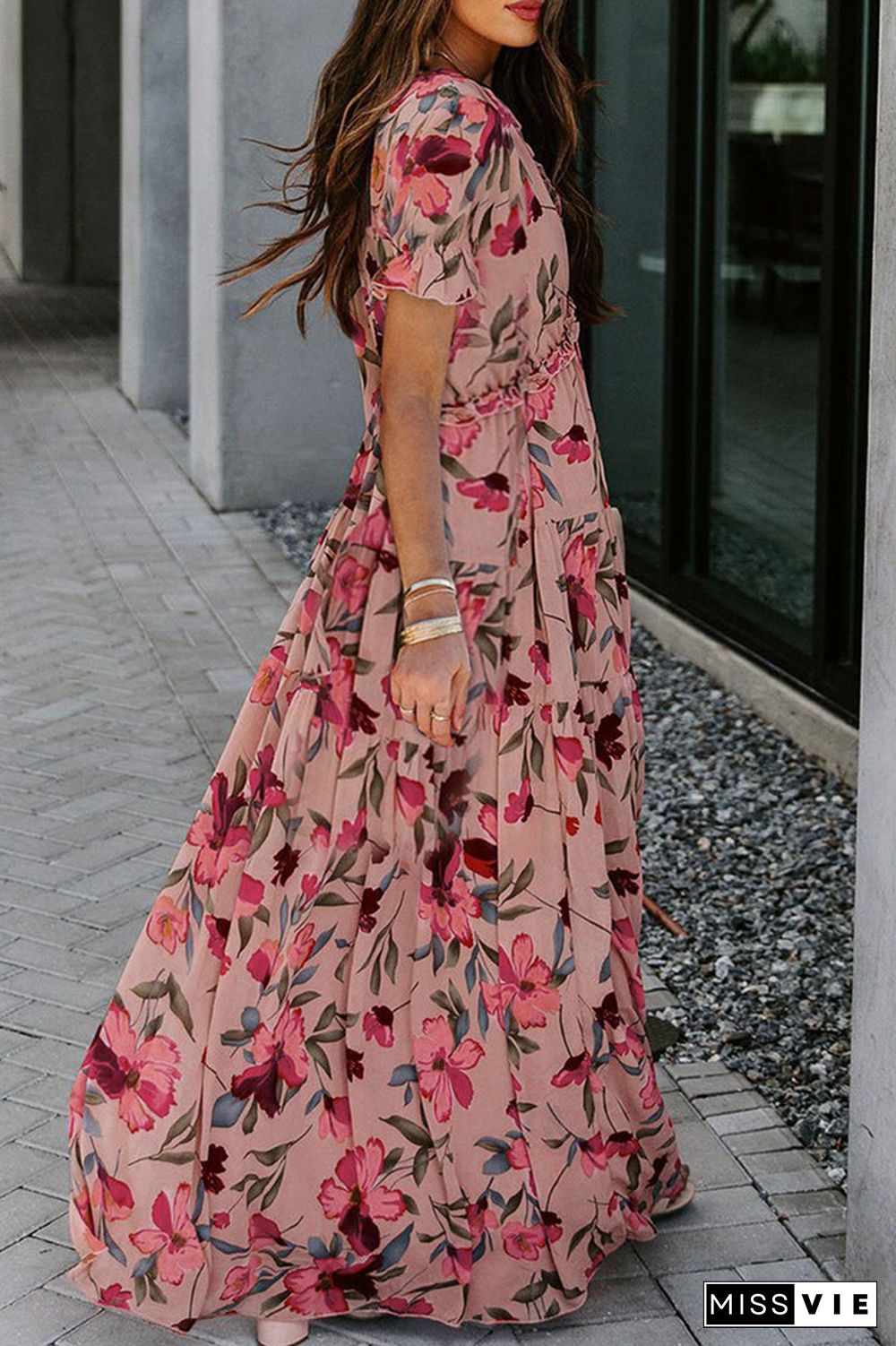 Sweet Elegant Floral Patchwork V Neck Waist Skirt Dresses