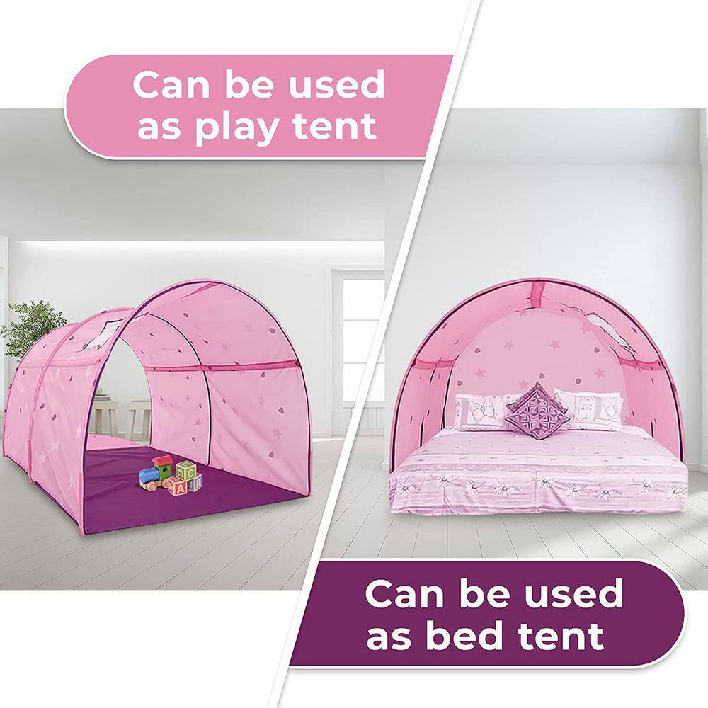 Alvantor Indoor Pop Up Portable Frame Polyester Starlight Bed Canopy Kids Play Tent Twin Curtains Glow in The Dark Stars Pink 2014