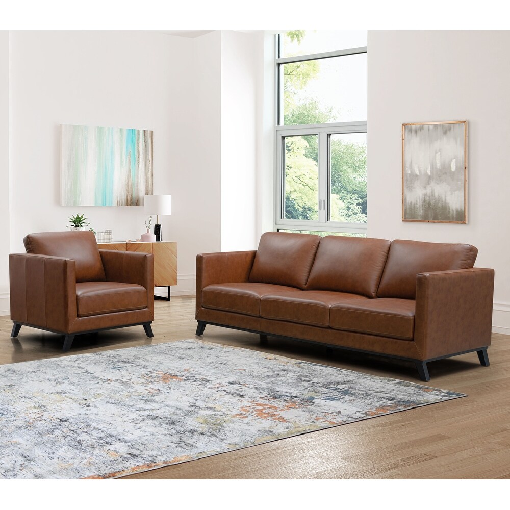 Abbyson Woodstock Mid Century 2 Piece Top Grain Leather Sofa and Armchair Set