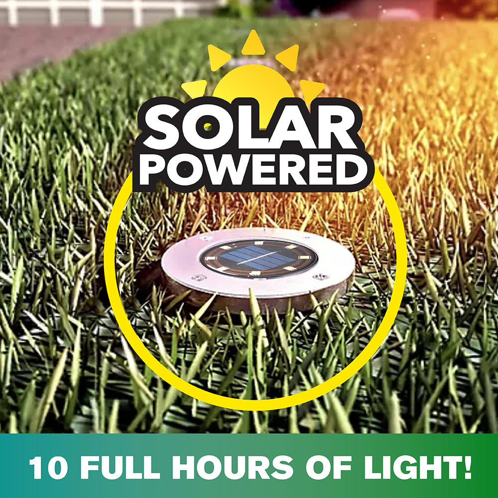 Bell + Howell Solar Powered Swivel Disk Lights， Outdoor Path Lights with 8 LED Bulbs， Stainless Steel 4 Pack