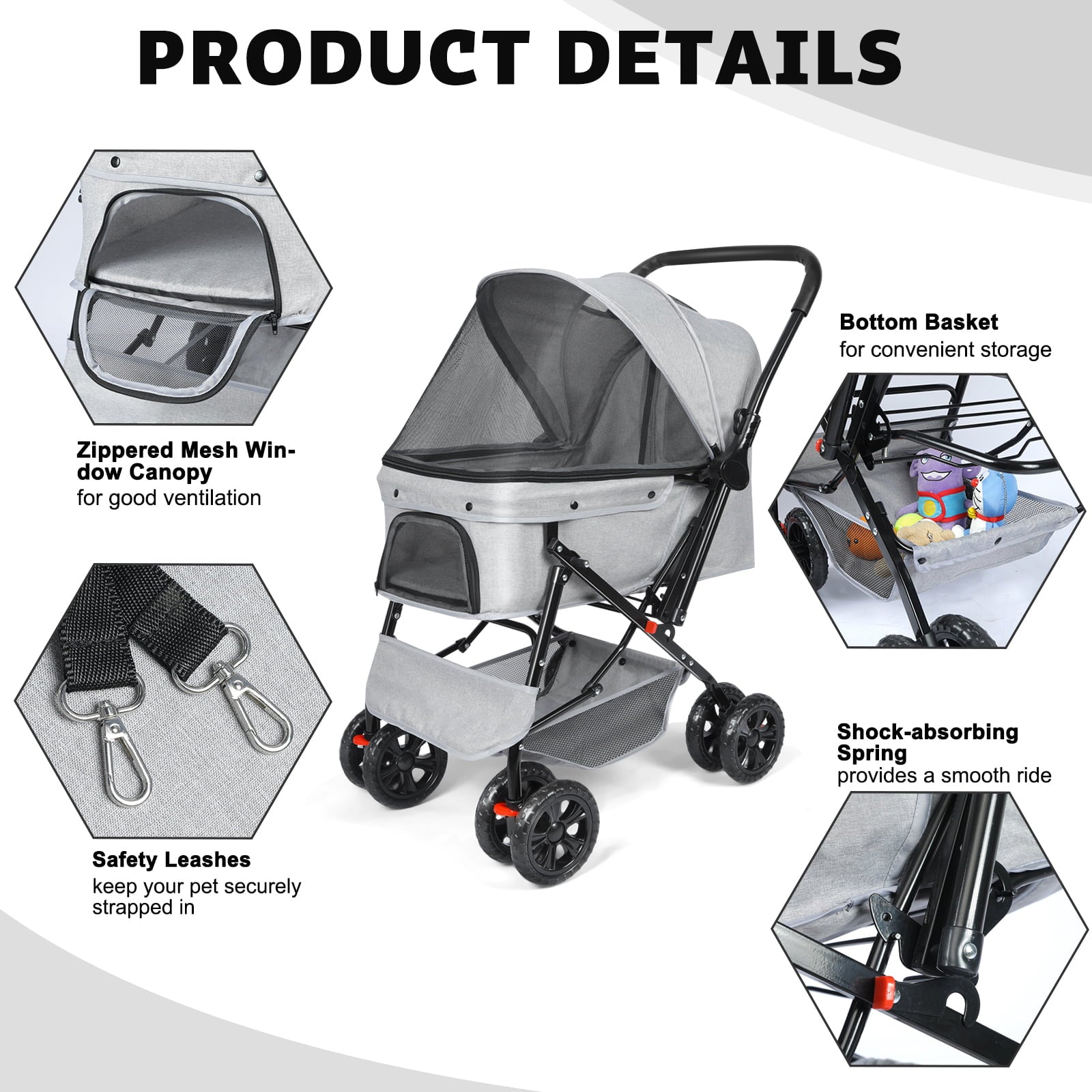 Wedyvko Medium-sized Pet stroller for Dogs and Cats， 4-Wheel folding cart-Gray