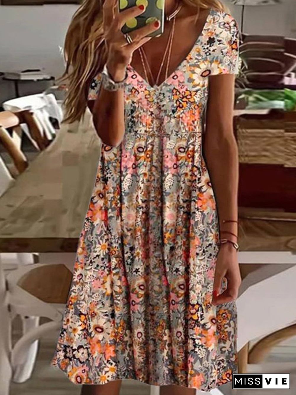 Floral Casual Regular Fit Short Sleeve Knit Dress