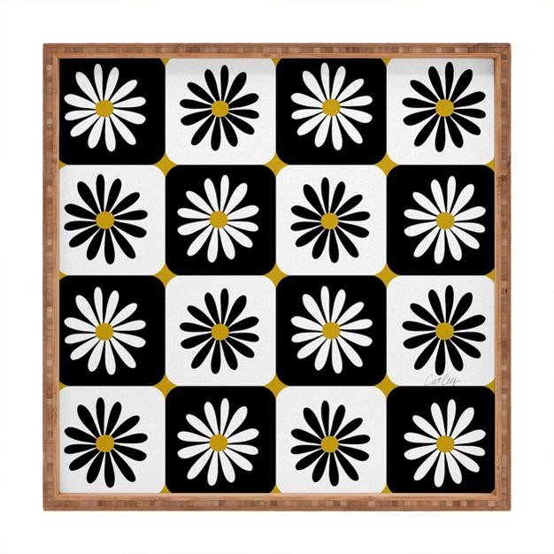 Cat Coquillette Checkered Daisies Black White Medium Square Bamboo Tray Deny Designs