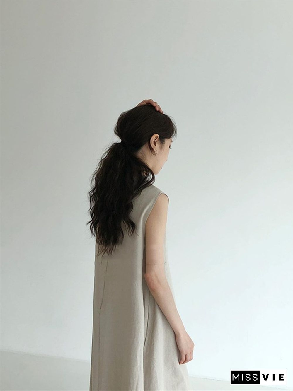 Simple Lazy Big Swing Loose Sleeveless A-line Vest Slim Cotton and Linen Dress