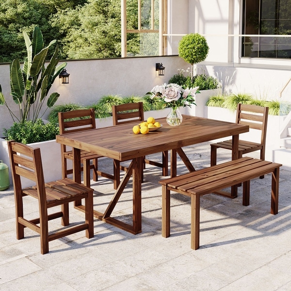 6Piece Patio Outdoor Acacia Wood Table and Chair Set With Bench