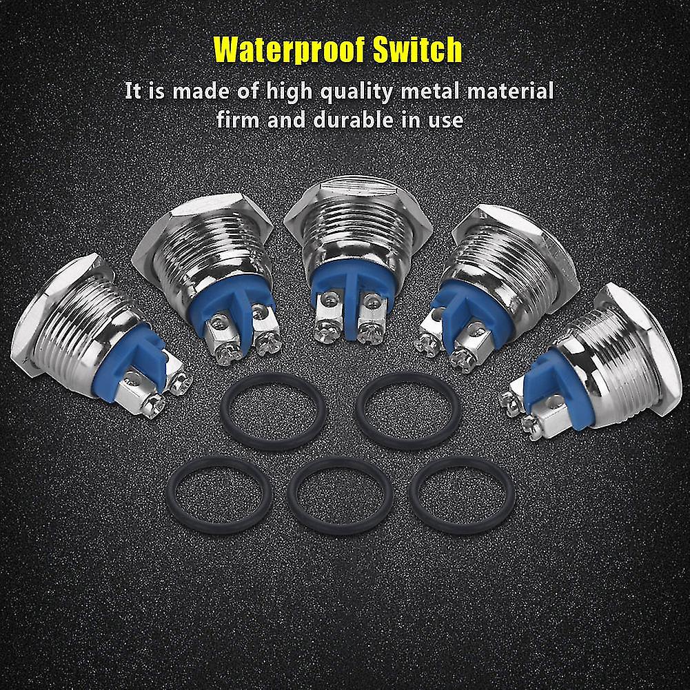 5 Pcs/set 16mm 2A 250V Metal Waterproof 2Pin Mini Push Button Switch (flat head)