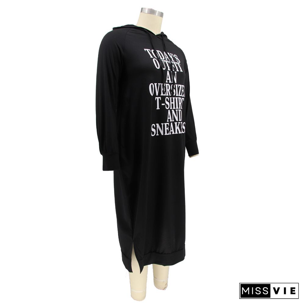 Letter Print Long Sleeve Hooded Loose Plus Size Dress