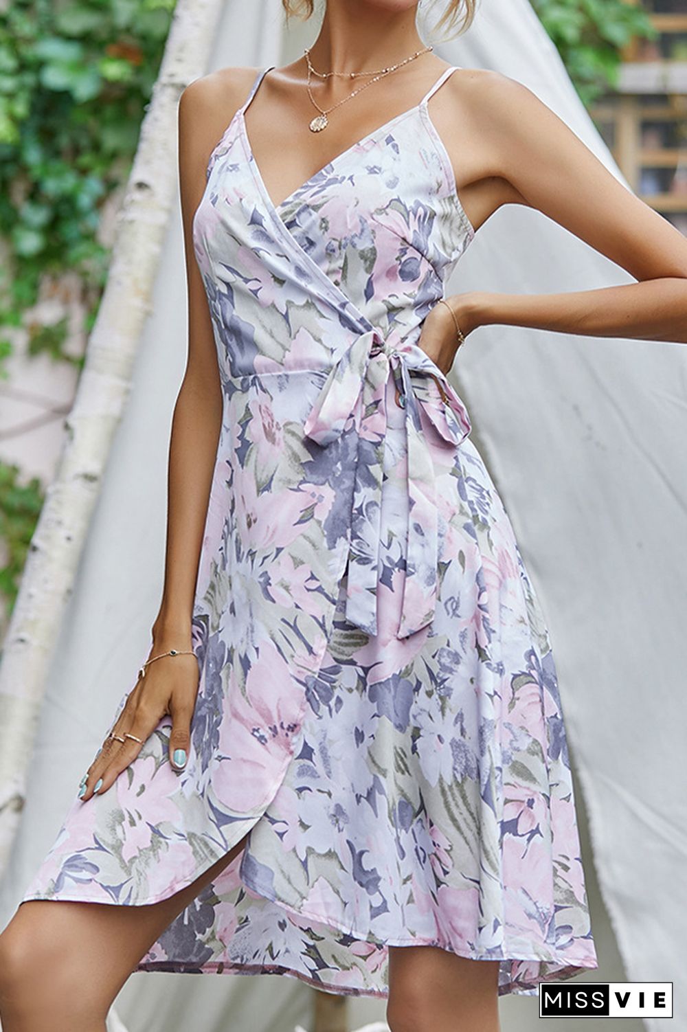 Wrap V Neck Cami Lavender Floral Dress