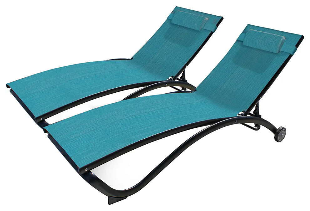 Set of 2 Patio Chaise Lounge  Curved Aluminum Frame With Blue Hawaii Sling Seat   Contemporary   Outdoor Chaise Lounges   by Decor Love  Houzz