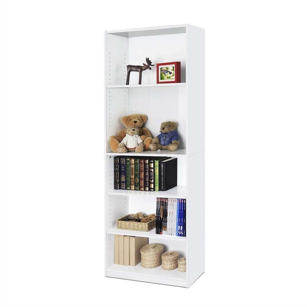 Modern 5 Shelf Bookcase in White Wood Finish   9.5 x 24.5 x 71.2