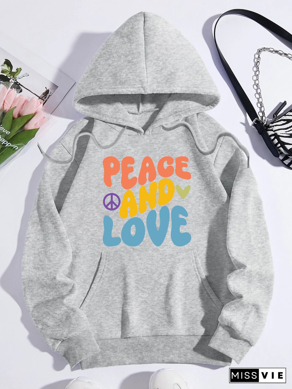 Printed on front Kangaroo Pocket Hoodie Long Sleeve for Women Pattern peace and love