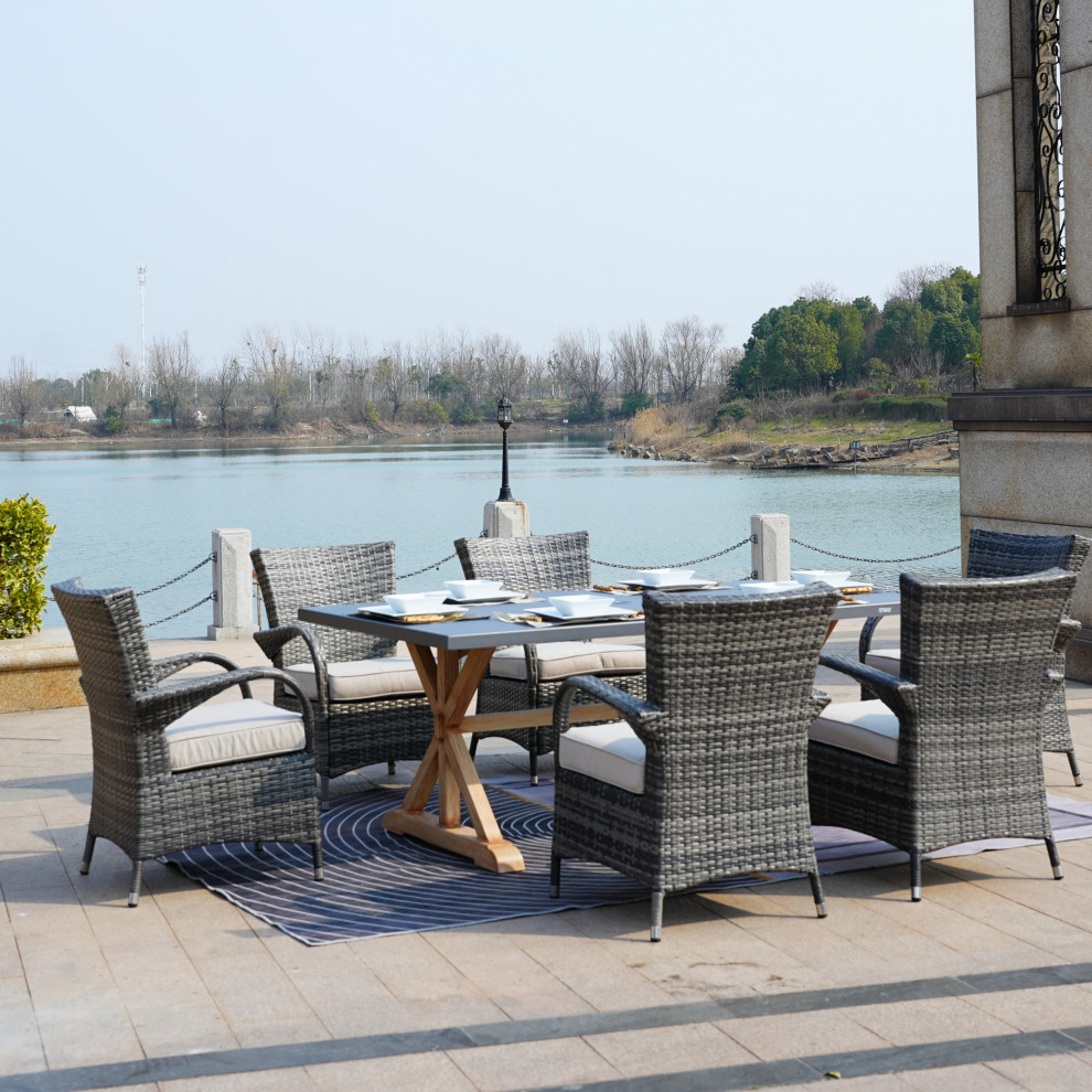 7 Piece Patio Wicker Dining Set With Powder Coated Aluminum Table   Tropical   Outdoor Dining Sets   by Abrihome  Houzz