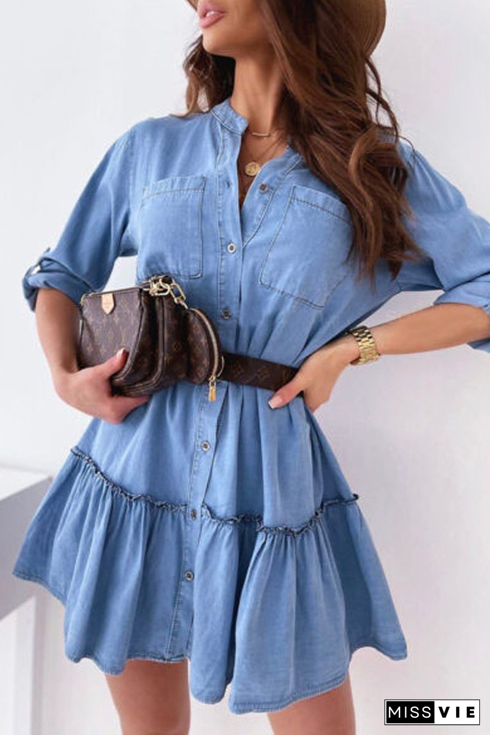 Denim Ruffle Hem Dress(Without Belt)