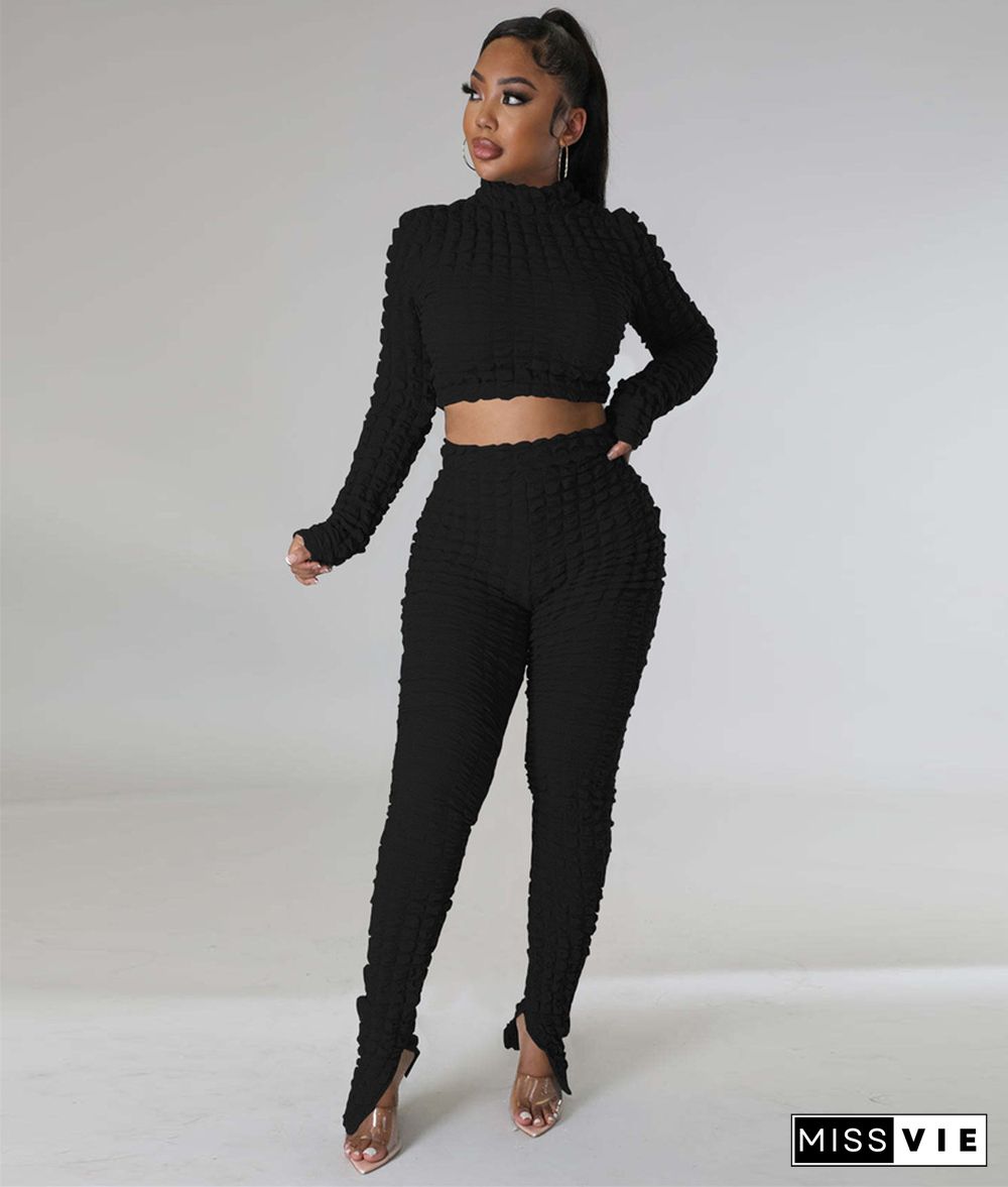 Winter Turtleneck Crop Top Split Pants Two Pieces Set