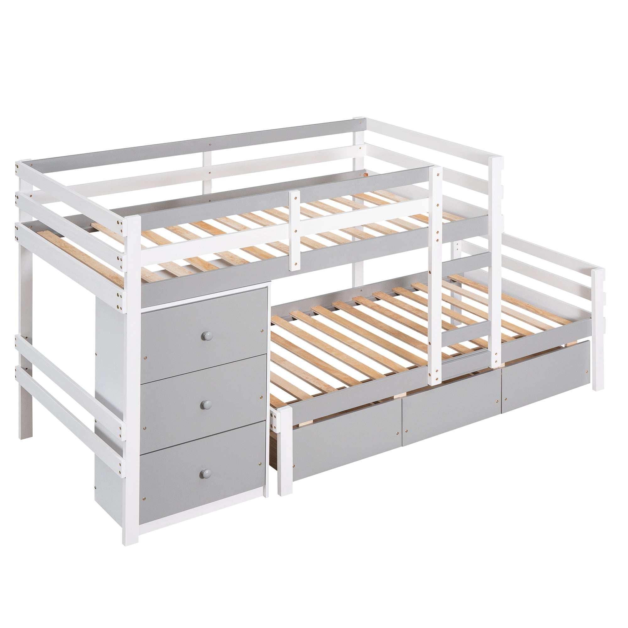 Twin over Twin Bunk Bed with Six Drawers for Kids Room, Gray