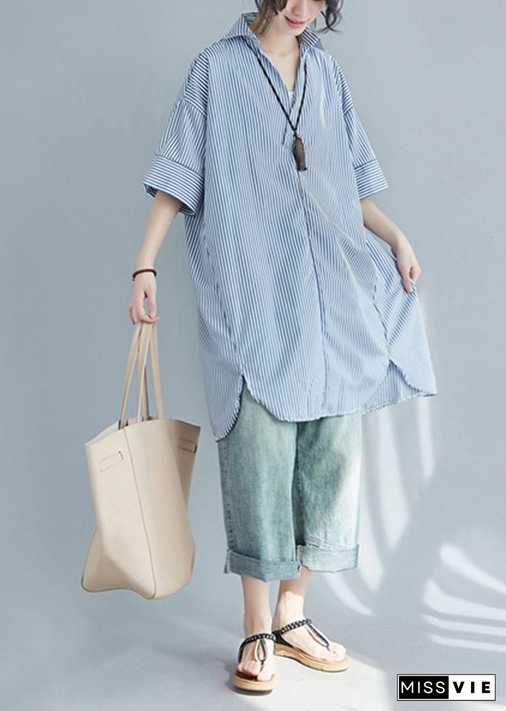 Blue Striped Cotton Shirt Dress Oversized Side Open Summer