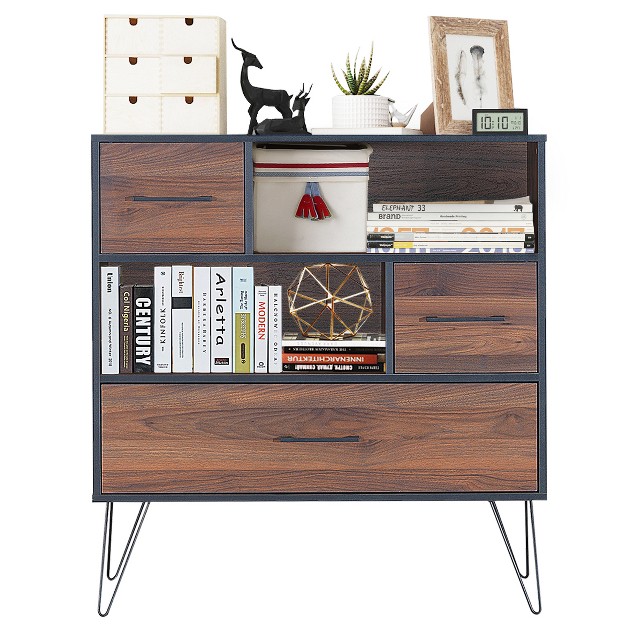 Tangkula Multipurpose Sideboard Storage Cabinet Unit W metal Leg amp drawer Walnut