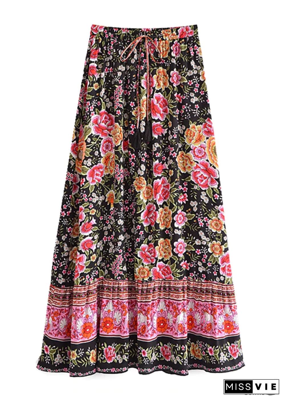 Boho Skirts in Eulalie Balck Pink Flower For Women