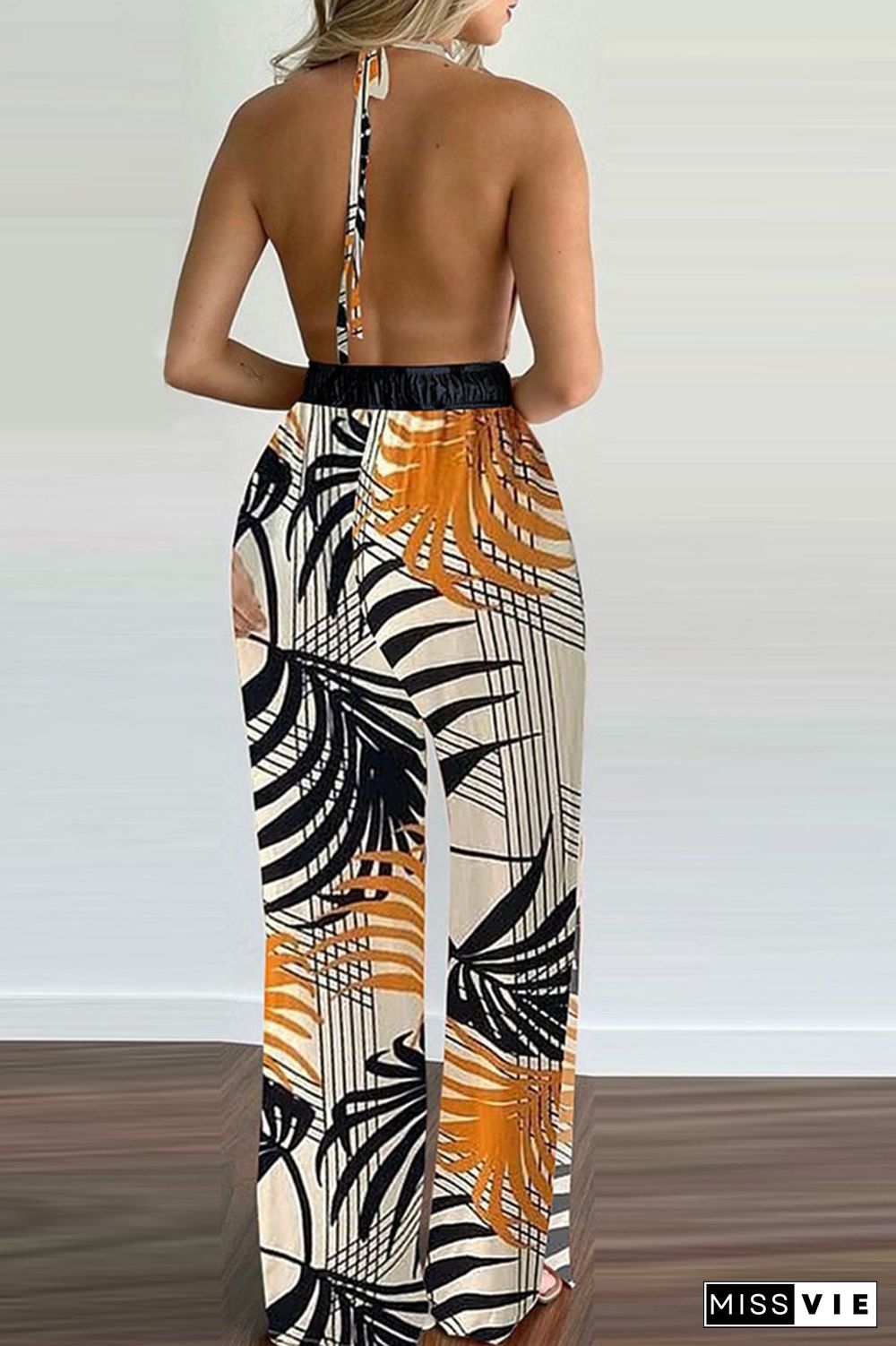 Halter Neck Plant Print Open Back Jumpsuit