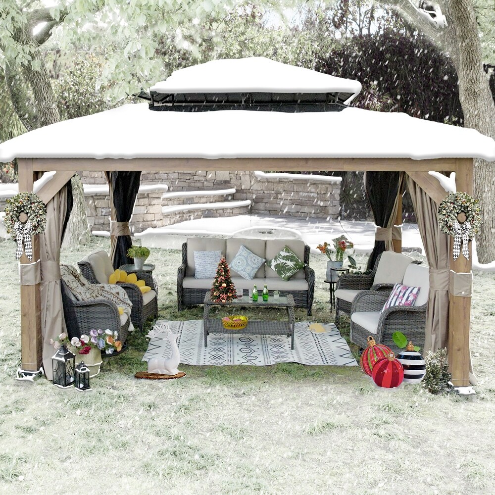 Cozywor 15 ft. x 13 ft. Wood Grain Aluminum Double Roof Hardtop Gazebo