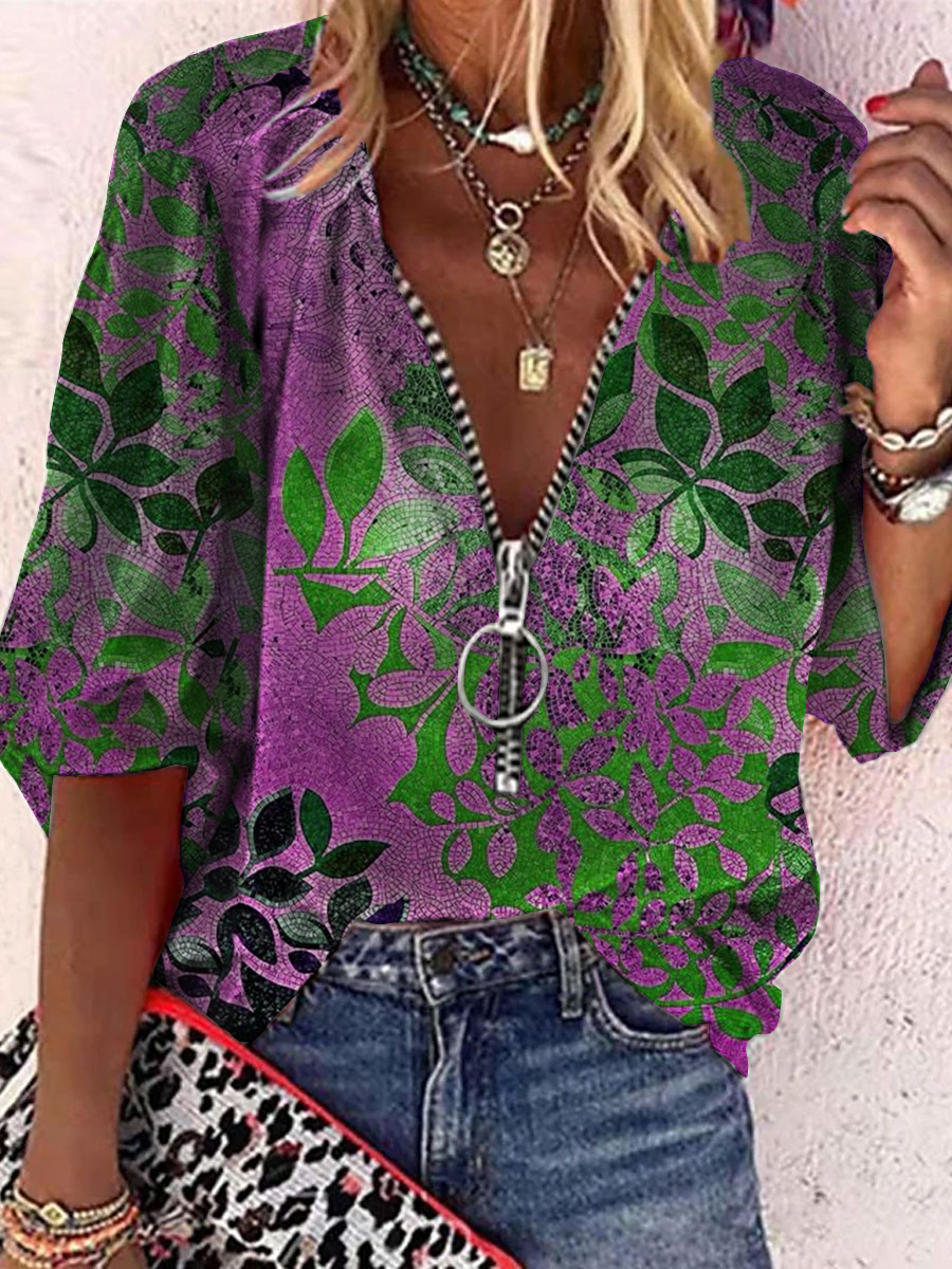 Loose Casual Leaf Bronzing Printed Blouse