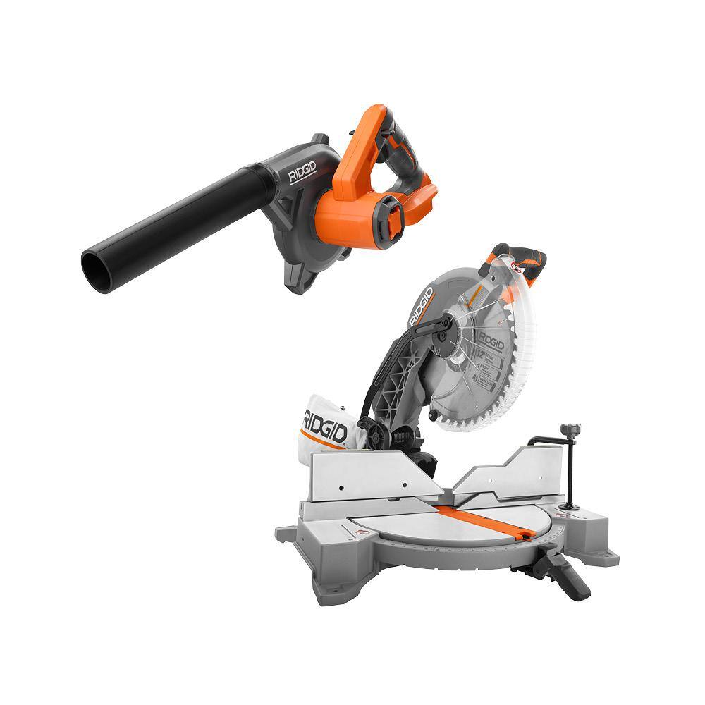 RIDGID 15 Amp Corded 12 in. Dual Bevel Miter Saw with LED and 18V Cordless Compact Jobsite Blower with InflatorDeflator Nozzle R4123-R86043B