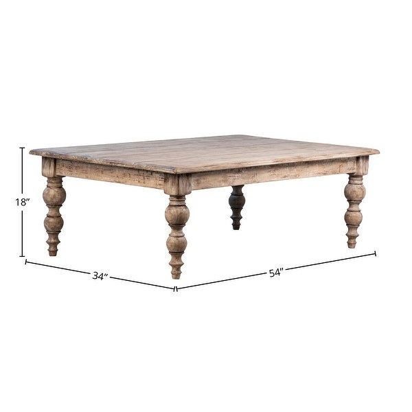 Zuri 54-inch Rectangular Reclaimed Pine Coffee Table with Carved Four Poster Legs Finished in an Antique Seal