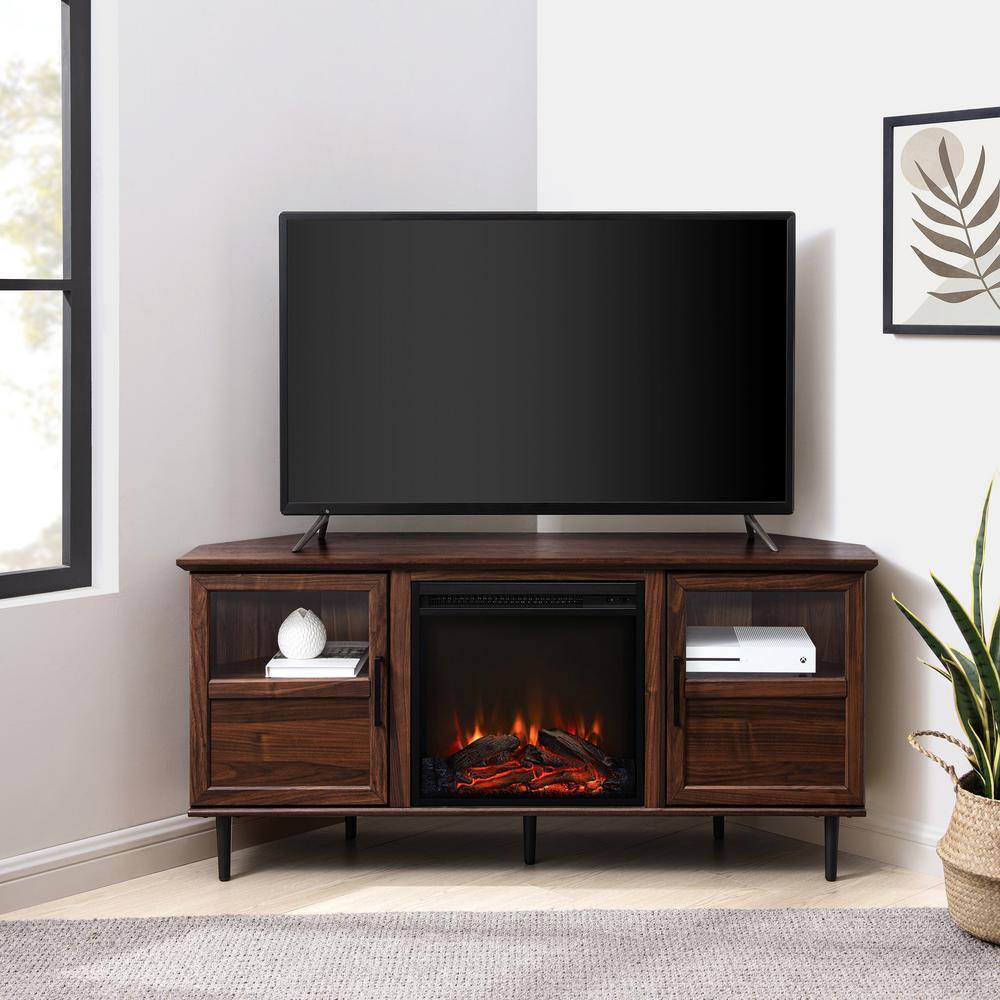 Welwick Designs 54 in. Dark Walnut Wood Electric Fireplace Corner TV Stand Fits TVs up to 60 in. with Split-Glass Doors HD9303