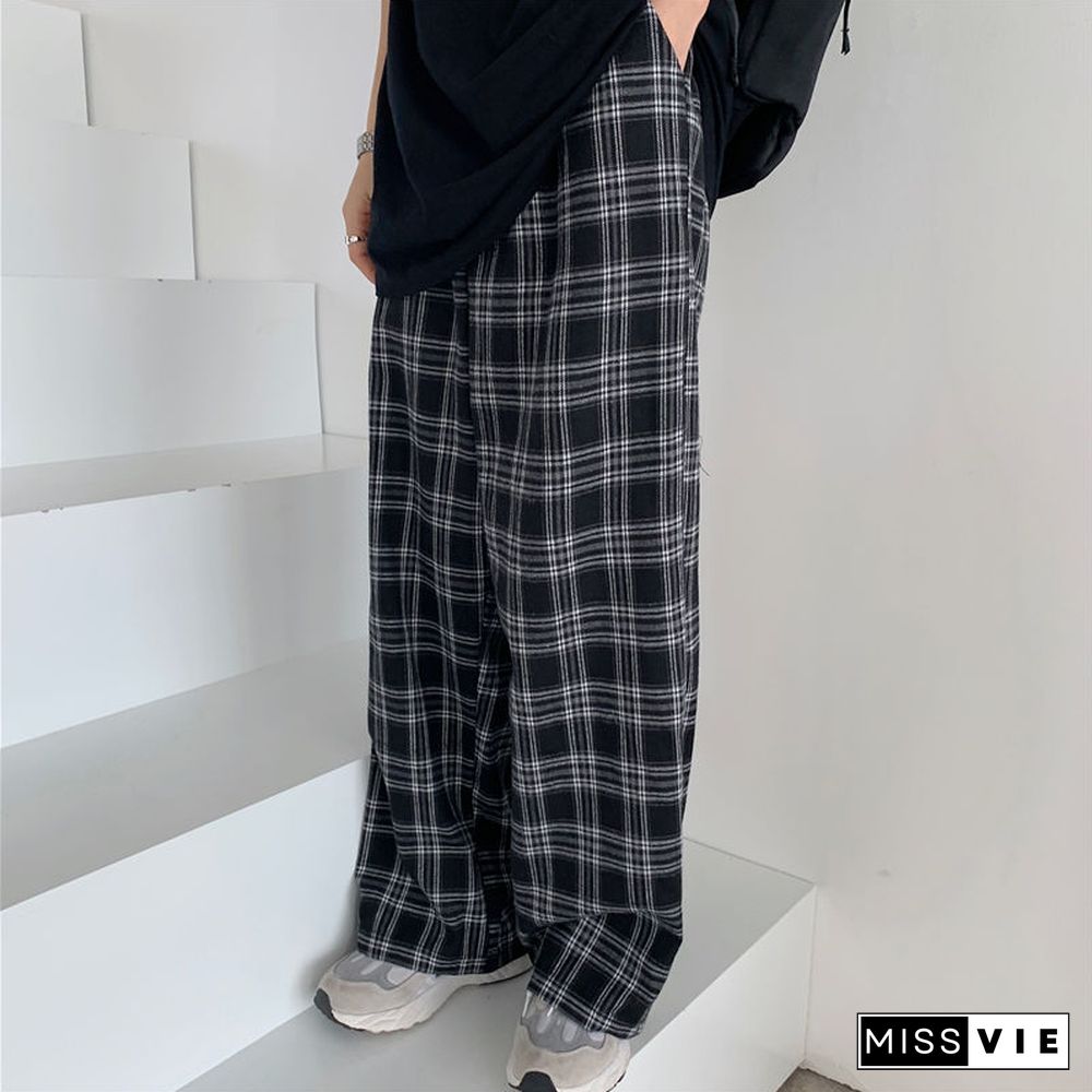 Black And Pink Plaid Pants Oversize Women Pants High Waist Loose Wide Leg Trousers Ins Retro Teens Straight Trousers Streetwear