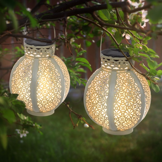 Set Of 2 Solar Outdoor Lights Hanging Or Tabletop Rechargeable Led Lantern Set With 2 Shepherd Hooks For Outdoor Decor By Pure Garden white