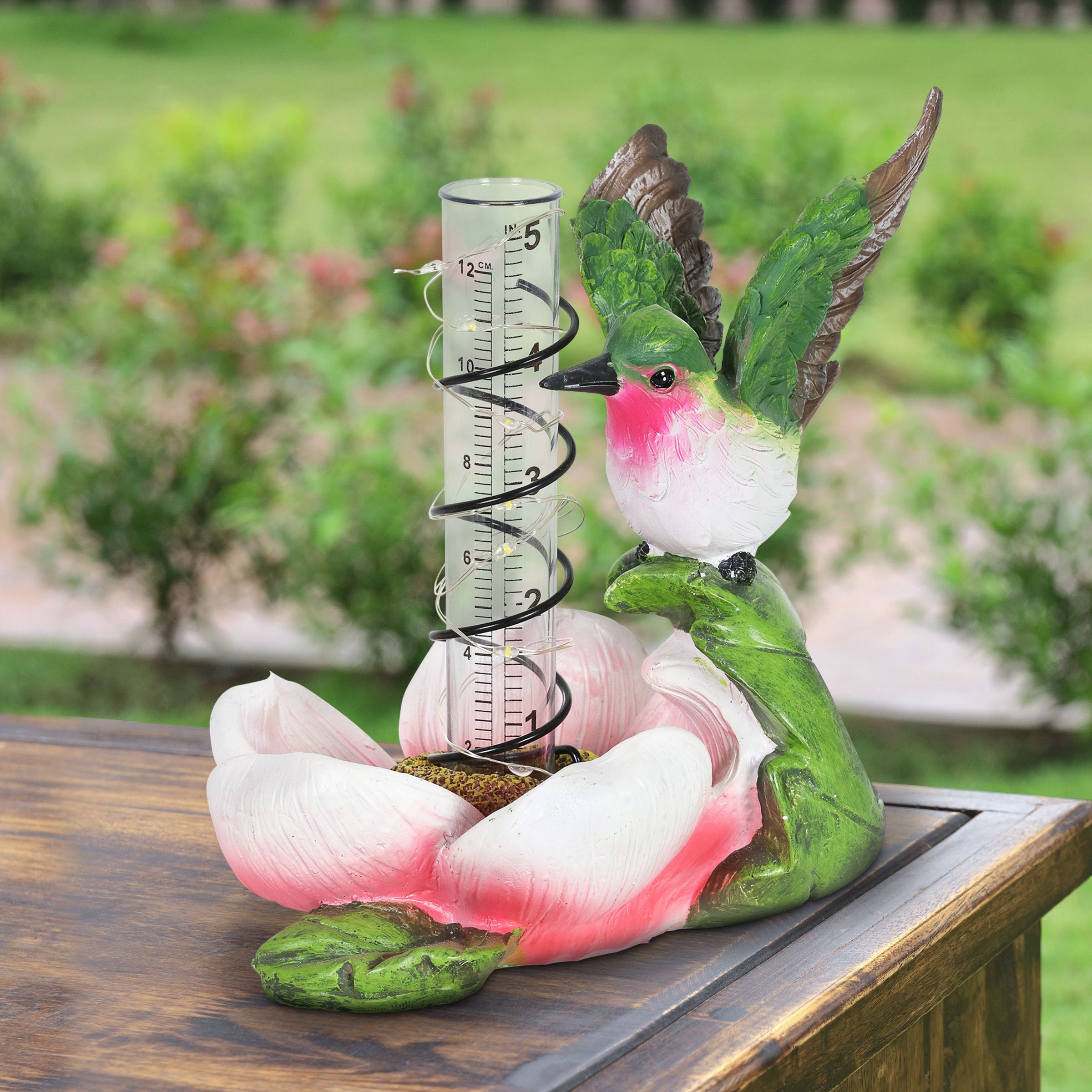 Exhart Solar Resin Pink Flower with Hummingbird Rain Gauge Garden Statue, 7 inch (Decor for Home Patio, Outdoor Garden, Yard or Lawn), Red