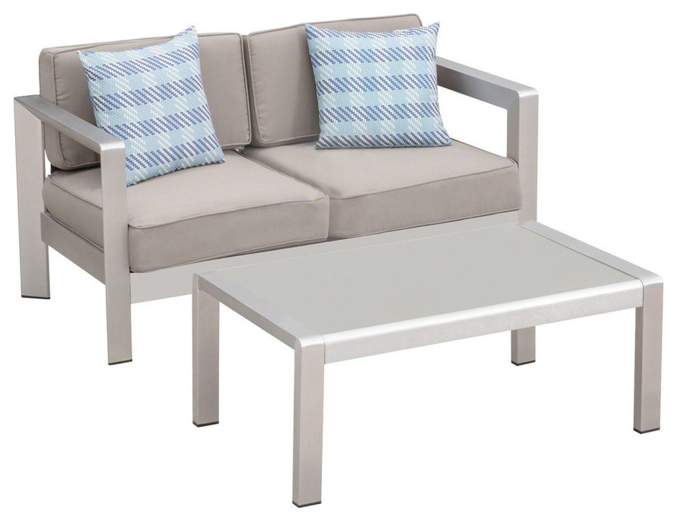 GDF Studio Alec Outdoor Aluminum Loveseat and Tempered Glass Topped Coffee Table   Contemporary   Outdoor Lounge Sets   by GDFStudio  Houzz