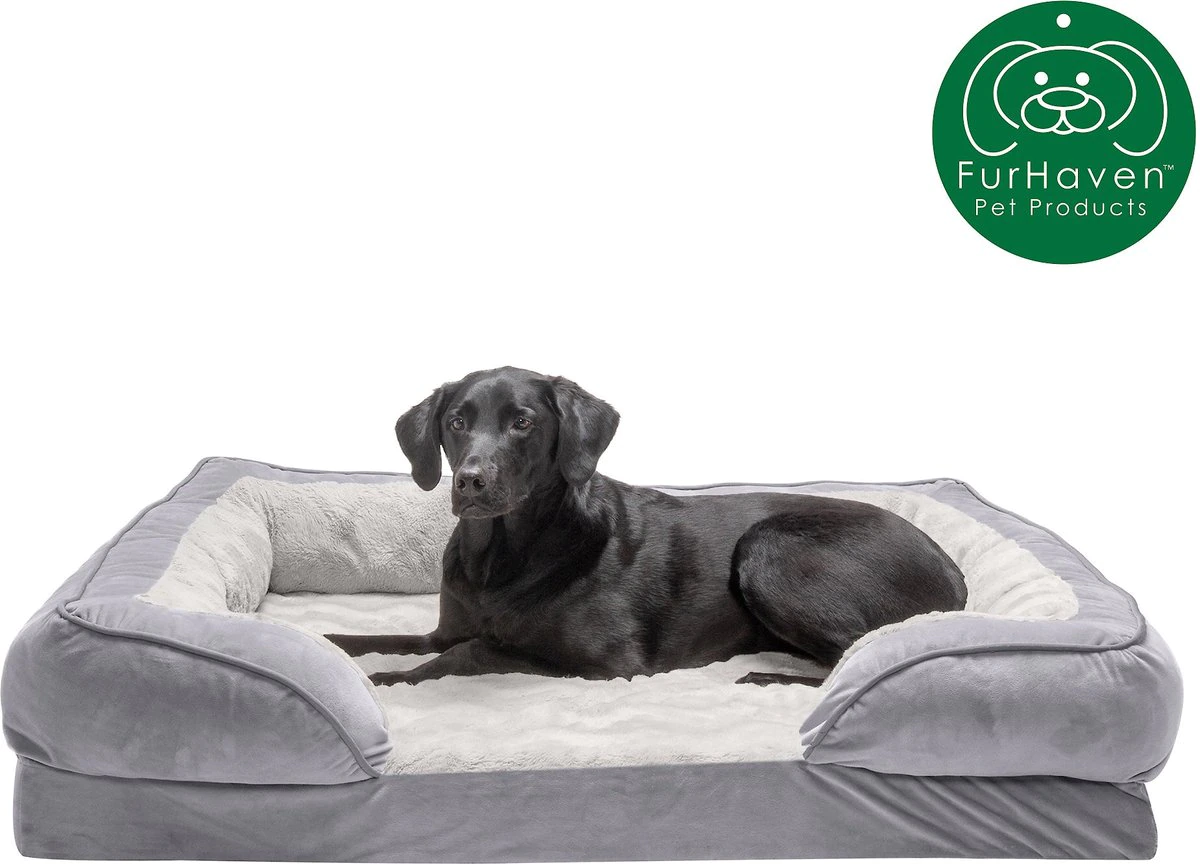 FurHaven Velvet Waves Perfect Comfort Orthopedic Sofa Cat and Dog Bed， Granite Gray， Jumbo