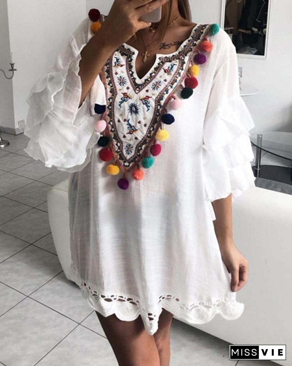 Ethnic Print Pom Poms Tiered Sleeve Casual Dress P11440