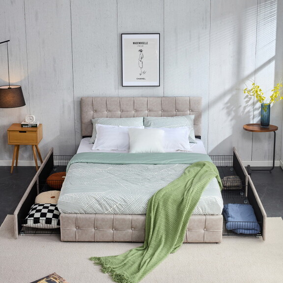 Full Size Upholstered Platform Bed Frame with Adju...