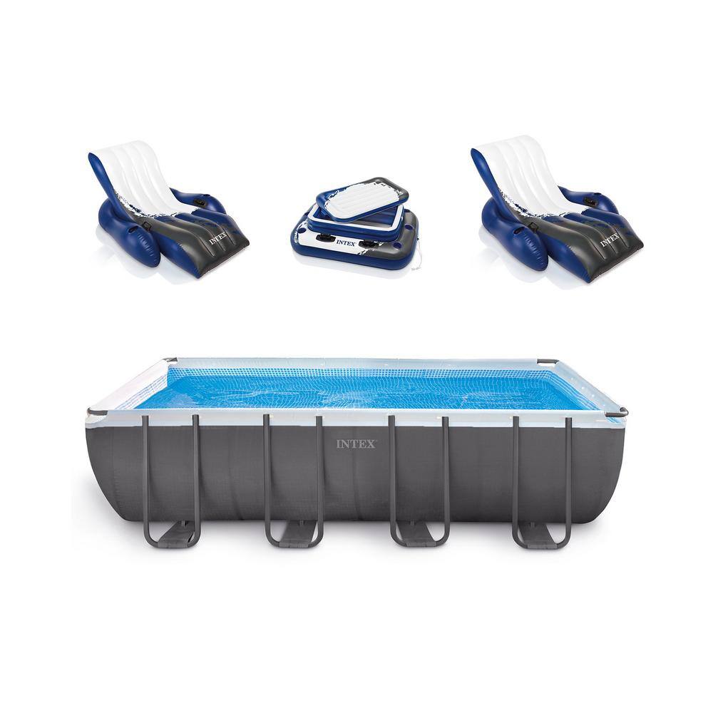 Intex 18 ft. x 9 ft. Rectangular 52 in. D Ultra Frame Hard Side Above Ground Pool Set with Floats 26351EH + 2 x 58868EP + 58821EP