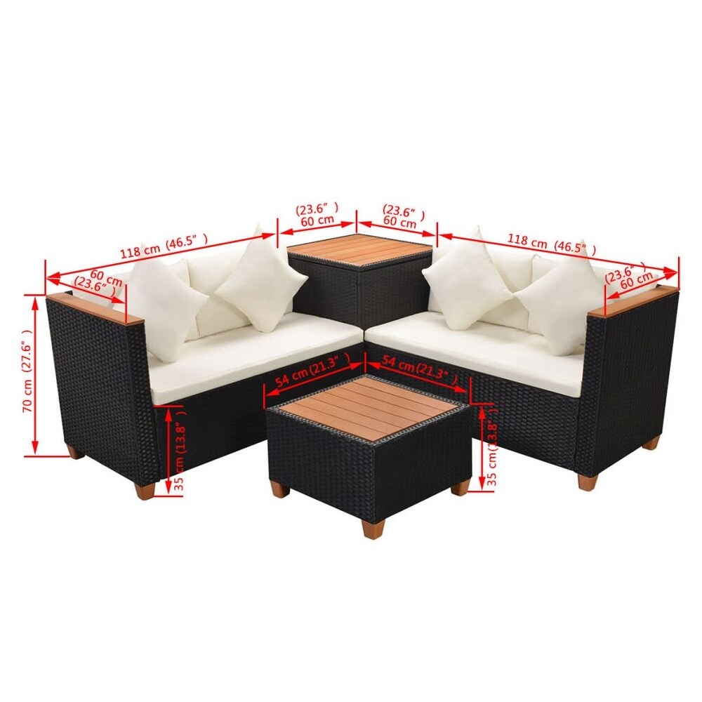 vidaXL 4 Piece Patio Lounge Set with Cushions Poly Rattan Black   46.5\