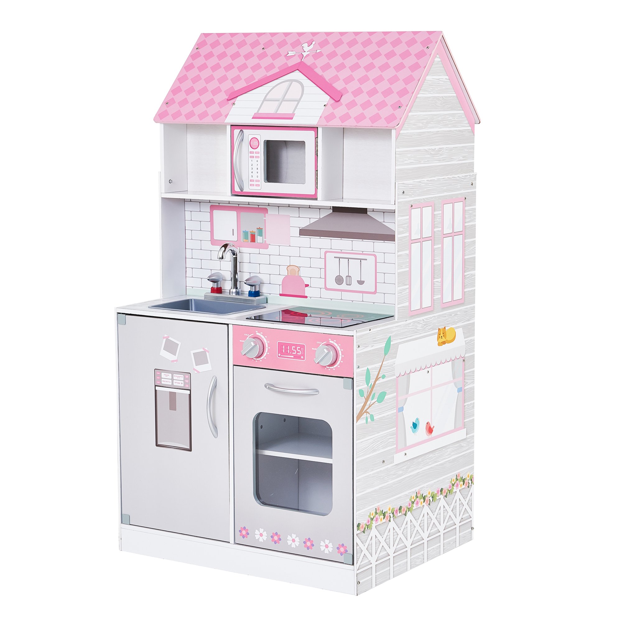 Teamson Kids Wonderland Ariel 2 in 1 Doll House and Play Kitchen， Pink/Grey