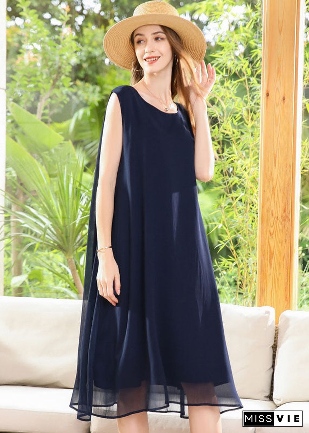 Casual Navy O-Neck Oversized Chiffon Long Dress Sleeveless