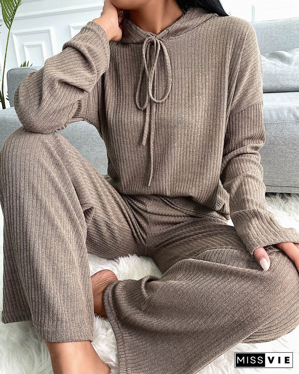 Plain Hooded Top & Drawstring Pants Set