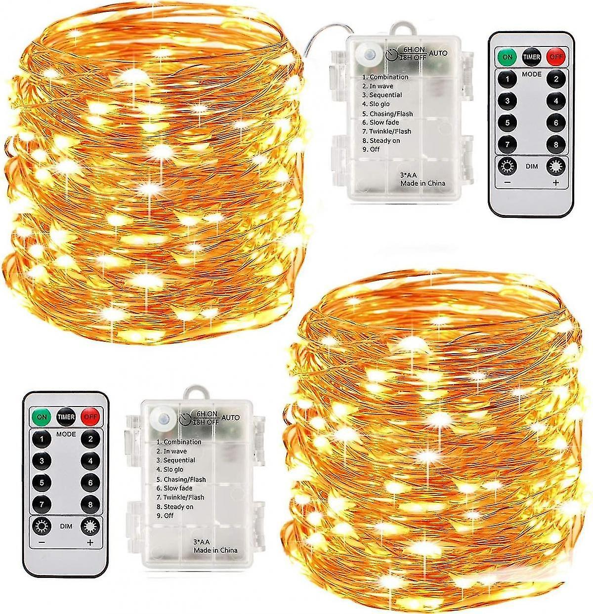 Led String Lights Battery Powered，[2 Pack] 100 Leds 33ft Waterproof 8 Modes With Remote Control Christmas Decoration Lights (warm White-10m) A927