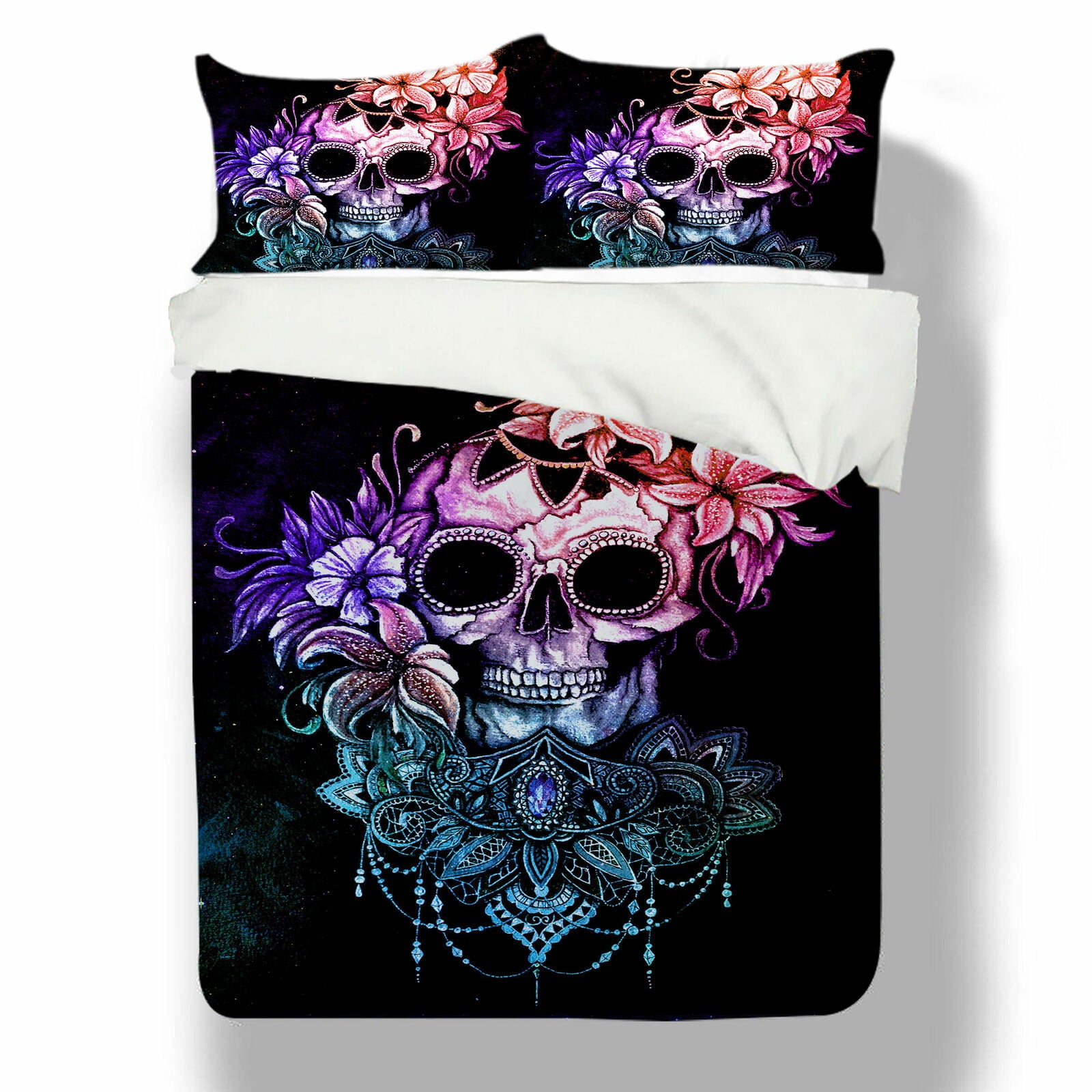 Halloween Bed Gift 3D Color Skull Bedding Set Duvet Cover Set with Bag 3D Print Bedroom Decoration，Full (80